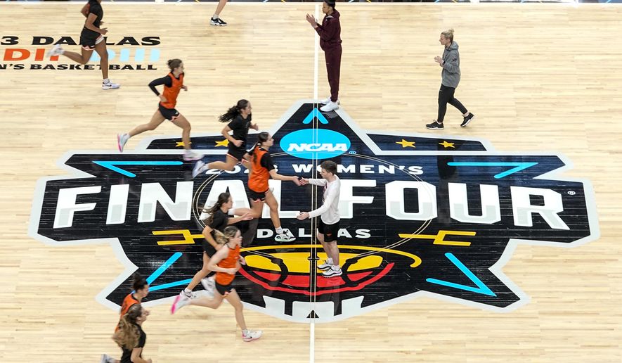 Virginia Tech players run a drill during a practice session for an NCAA Women&#x27;s Final Four semifinals basketball game Thursday, March 30, 2023, in Dallas. (AP Photo/Darron Cummings)