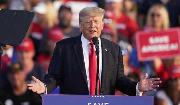 Former President Donald Trump speaks at a rally at the Lorain County Fairgrounds in Wellington, Ohio, on June 26, 2021. (AP Photo/Tony Dejak, File)