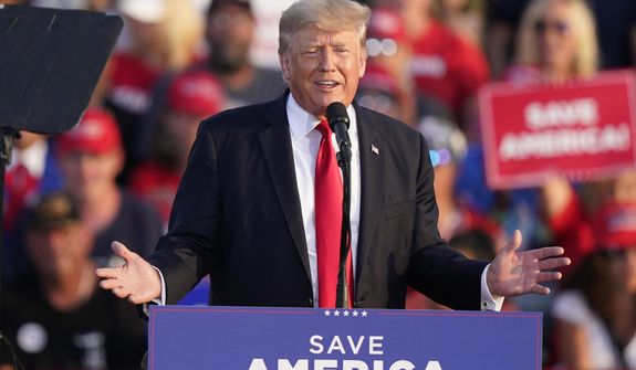 FILE - Former President Donald Trump speaks at a rally at the Lorain County Fairgrounds in Wellington, Ohio, on June 26, 2021. (AP Photo/Tony Dejak, File)