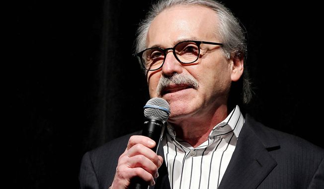David Pecker, Chairman and CEO of American Media, addresses those attending the Shape &amp; Men&#x27;s Fitness Super Bowl Party in New York, on Jan. 31, 2014. The former tabloid executive said Monday he had &quot;final say&quot; over stories that ran in his marquee National Enquirer magazine and other publications, as prosecutors laid the groundwork to claim former President Donald Trump engaged in payoff tactics before the 2016 election and concealed them in ways that broke the law. (Marion Curtis via AP, File)