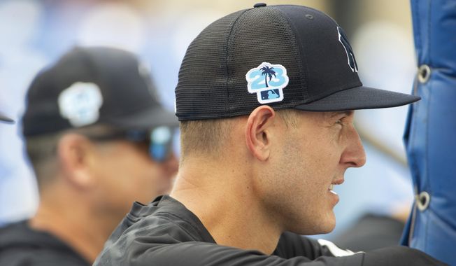 New York Yankees&#x27; Anthony Rizzo watches batting practice before a spring training baseball game against the Toronto Blue Jays at TD Ballpark in Dunedin, Fla., Saturday, March 18, 2023. (Mark Taylor/The Canadian Press via AP)