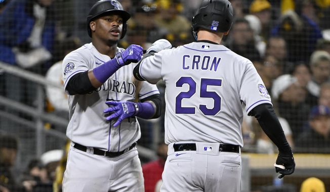 Colorado Rockies&#x27; C.J. Cron, right, gets congratulations from Elehuris Montero after hitting a solo home run, Cron&#x27;s second of the baseball game, against the San Diego Padres during the seventh inning in San Diego, Thursday, March 30, 2023. (AP Photo/Alex Gallardo)