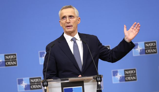 NATO Secretary-General Jens Stoltenberg speaks during a media conference, ahead of a meeting of NATO foreign ministers, at NATO headquarters in Brussels, Monday, April 3, 2023. (AP Photo/Geert Vanden Wijngaert)
