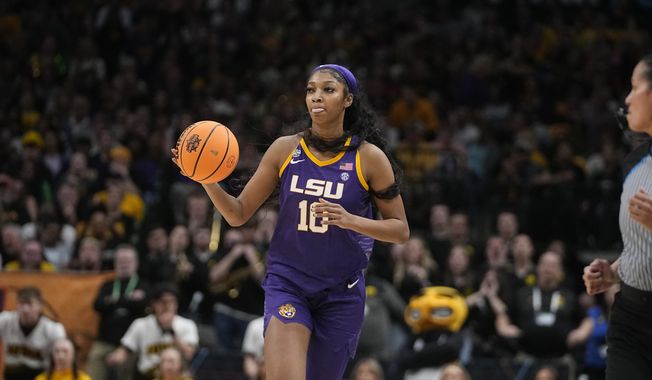 LSU&#x27;s Angel Reese during the second half of the NCAA Women&#x27;s Final Four championship basketball game against Iowa Sunday, April 2, 2023, in Dallas. (AP Photo/Darron Cummings)