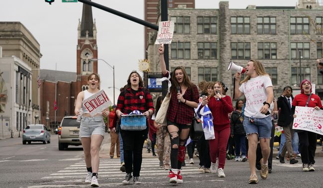 Students march from Hume Fogg High School to the State Capitol for the March For Our Lives protest against gun violence in Nashville, Tenn., on Monday, April 3, 2023. (AP Photo/George Walker IV) **FILE**