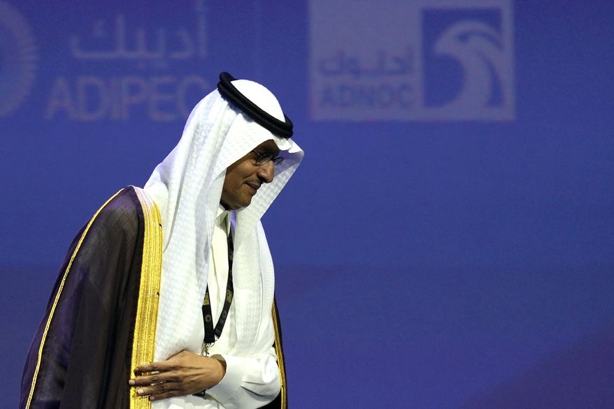 Saudi Arabia's Energy Minister Prince Abdulaziz bin Salman leaves the podium after his speech at the Abu Dhabi International Petroleum Exhibition & Conference in Abu Dhabi, United Arab Emirates, on Oct. 31, 2022. Major oil-producing countries led by Saudi Arabia and Russia have said they're throttling back supplies of crude — again. And this time, the decision to cut back was a surprise that is underlining worries about where the global economy might be headed. (AP Photo/Kamran Jebreili, File)