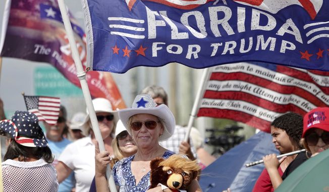 Trump supporters stand outside Palm Beach International Airport in West Palm Beach, Fla., on Monday, April 3, 2023. Former President Donald Trump left Florida for New York on Monday for his expected booking and arraignment the following day on charges arising from hush money payments during his 2016 campaign. (Joe Cavaretta/South Florida Sun-Sentinel via AP)