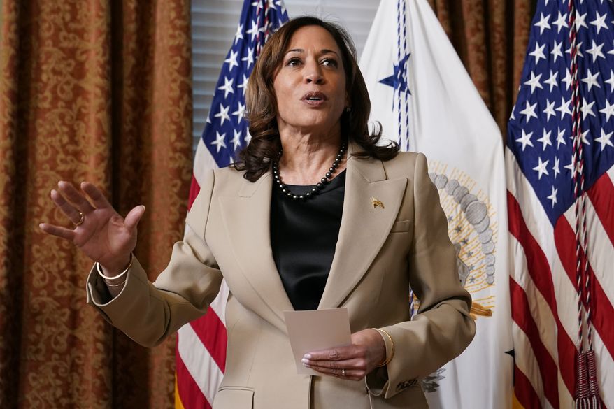 Vice President Kamala Harris speaks during a ceremonial promotion of Jacob Middleton to brigadier general in the U.S. Space Force in the Eisenhower Executive Office Building on the White House campus, Tuesday, April 4, 2023, in Washington. (AP Photo/Patrick Semansky)
