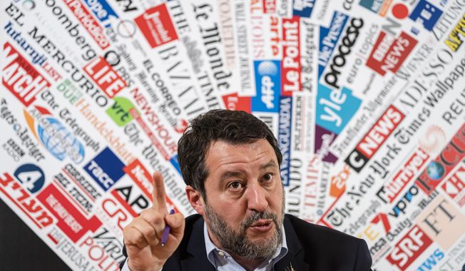 Italian Infrastructures Minister Matteo Salvini speaks during a press conference at the Foreign Press Club in Rome, Tuesday, April 4, 2023. Salvini addressed questions, among others, about the role of Italy in the migration crisis in the Mediterranean Sea, and about the multi-billion euros project to build a bridge over the Messina strait between Sicily and Calabria in southern Italy. (AP Photo/Domenico Stinellis)