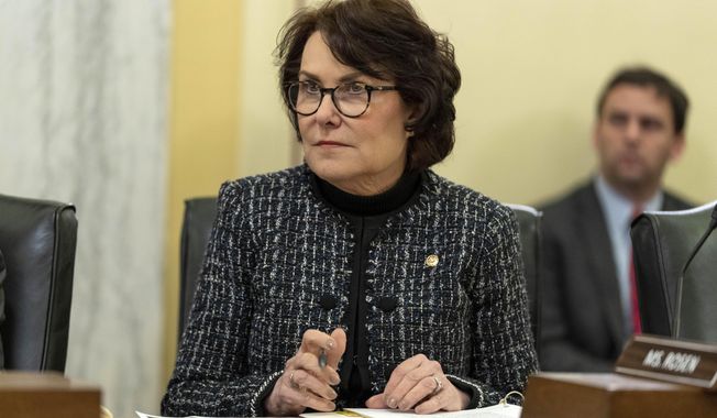 U.S. Sen. Jacky Rosen, D-Nev., listens during a hearing of the Senate Armed Services Subcommittee on Strategic Forces to examine United States Space Force programs in review of the Fiscal Year 2024 Defense Authorization Request, Tuesday, March 14, 2023, in Washington. Rosen, a Democrat from Nevada who steered a moderate path during her first term in the chamber, announced Wednesday, April 5, 2023, that she will seek reelection in the perennial battleground state. (AP Photo/Alex Brandon, File)