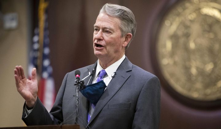 Idaho Gov. Brad Little gestures during a press conference at the Statehouse in Boise, Idaho, on Oc. 1, 2020. Little has signed a bill criminalizing gender-affirming medical care for transgender youth on Tuesday, April 4, 2023. (Darin Oswald/Idaho Statesman via AP, File)