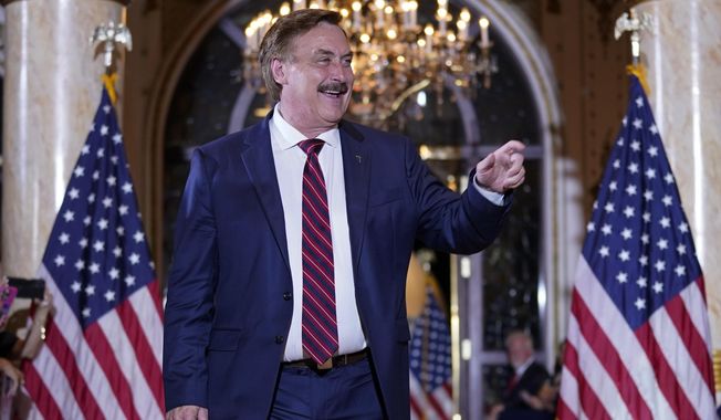 MyPillow CEO Mike Lindell arrives before former President Donald Trump speaks at his Mar-a-Lago estate Tuesday, April 4, 2023, in Palm Beach, Fla., after being arraigned earlier in the day in New York City. (AP Photo/Evan Vucci)