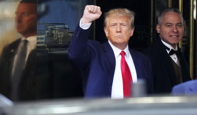 Former President Donald Trump leaves Trump Tower in New York on Tuesday, April 4, 2023. Trump will surrender in Manhattan to face criminal charges stemming from 2016 hush money payments. (AP Photo/Bryan Woolston)