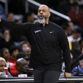 Washington Wizards coach Wes Unseld Jr. gestures during the first half of the team&#x27;s NBA basketball game against the Miami Heat, Friday, April 7, 2023, in Washington. (AP Photo/Nick Wass) **FILE**