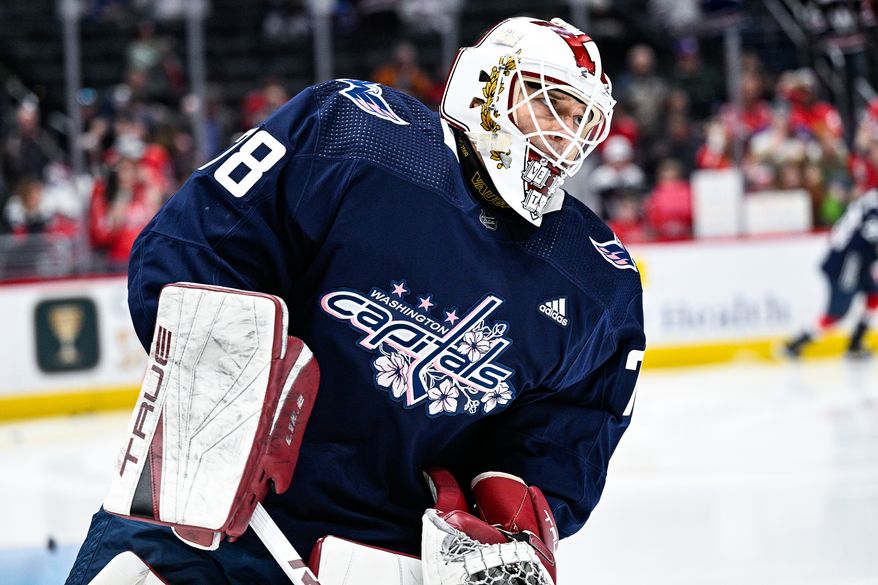 With Washington Capitals goalie Charlie Lindgren under the weather, rookie Mitchell Gibson (78) serves as backup netminder against the New York Rangers at Capital One Arena, Washington, D.C., April 2, 2023. (Photo by Brian Murphy)