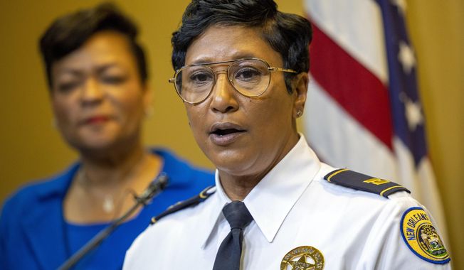 New Orleans Police Capt. Michelle Woodfork speaks as the new interim police superintendent during a news conference at New Orleans City Hall, Dec. 20, 2022. Unjustified use of force, dangerous vehicle pursuits and racially biased policing continue to be problems for the New Orleans Police Department, the U.S. Justice Department said in a Friday, April 7, 2023, court filing, opposing the city&#x27;s move to terminate a decade-old court-backed reform agreement. (Chris Granger/The Times-Picayune/The New Orleans Advocate via AP, File)