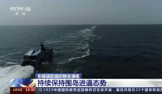 In this image made from video footage made available Sunday, April 9, 2023, by China&#x27;s CCTV, Chinese navy ships take part in a military drill in the Taiwan Strait. China’s military sent several dozen warplanes and 11 warships toward Taiwan in a display of force directed at the self-ruled island, Taiwan’s Defense Ministry said Monday, April 10, after China launched large-scale military drills in retaliation for a meeting between the U.S. House of Representatives speaker and Taiwan&#x27;s President. (CCTV via AP, File)