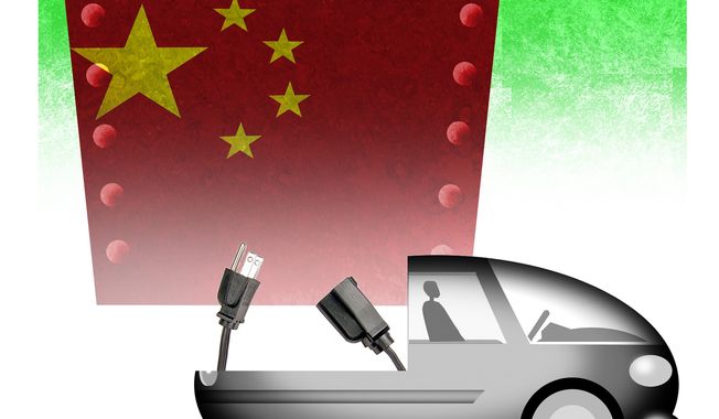 Illustration on the Chinese Communist Party advantage in electric battery (EV) production by Alexander Hunter/The Washington Times