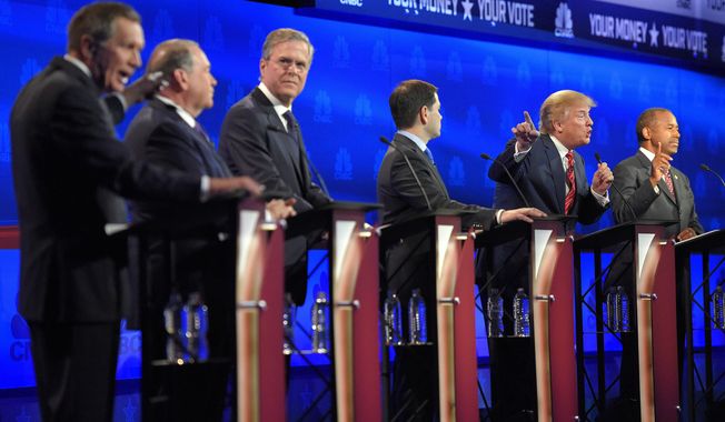 A historic image: From left, Ohio Gov. John Kasich, former Arkansas Gov. Mike Huckabee, former Florida Gov. Jeb Bush, Sen. Marco Rubio, R-Fla., Donald Trump and Ben Carson, participate in a debate for Republican presidential hopefuls in Boulder, Colo., Oct. 28, 2015. It&#x27;s been more than seven years since the 2016 presidential campaign, and Republicans are still trying to figure out how to run against Donald Trump. (AP Photo/Mark J. Terrill, File)
