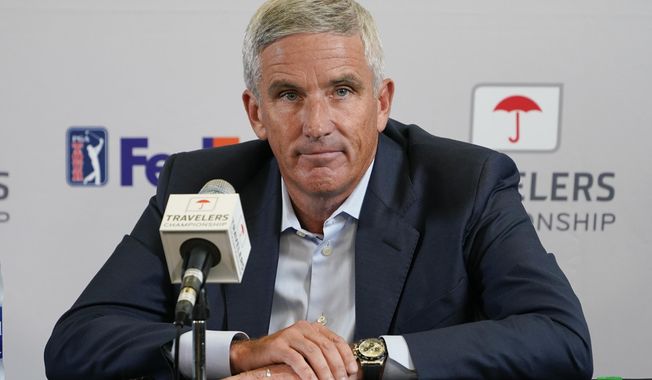 PGA Tour Commissioner Jay Monahan speaks during a news conference before the start of the Travelers Championship golf tournament at TPC River Highlands, Wednesday, June 22, 2022, in Cromwell, Conn. The PGA Tour on Wednesday, April 12, 2023, announced a fall schedule that will have seven tournaments for players to either retain full status, earn a spot in the Masters or become eligible for some of the $20 million events the following season.(AP Photo/Seth Wenig) **FILE**