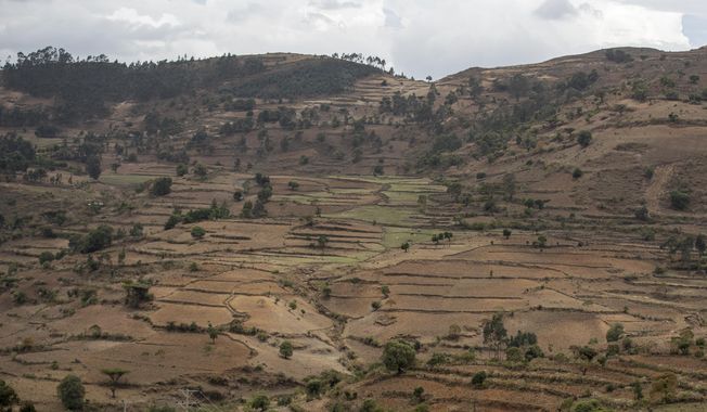 Terraced hills are seen off the road between Gondar and Danshe, a town in an area of western Tigray then annexed by the Amhara region during the ongoing conflict, in Ethiopia on May 1, 2021. Forces from Amhara have displaced tens of thousands of ethnic Tigrayans from disputed territory in the north of the country in recent weeks, despite a peace deal agreed late last year, according to aid workers and internal agency documents seen by the AP in April 2023. (AP Photo/Ben Curtis, File)