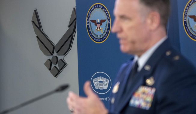 Pentagon spokesman U.S. Air Force Brig. Gen. Patrick Ryder speaks during a media briefing at the Pentagon, Thursday, April 13, 2023, in Washington. (AP Photo/Alex Brandon)