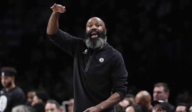 Brooklyn Nets coach Jacque Vaughn gestures during the first half of the team&#x27;s NBA basketball game against the Atlanta Hawks, Friday, March 31, 2023, in New York. (AP Photo/Mary Altaffer)