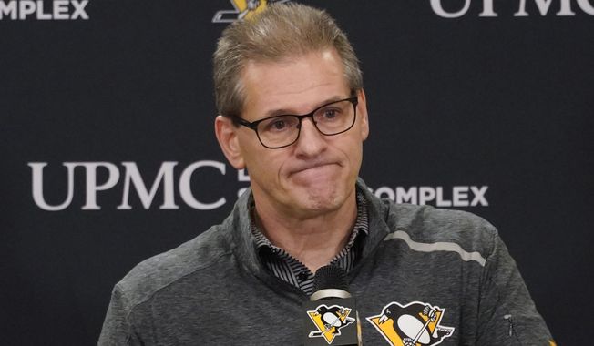 Pittsburgh Penguins general manager Ron Hextall takes questions during his end-of-season NHL hockey news conference, Monday, May 23, 2022, in Cranberry Township, Butler County, Pa. The Penguins fired Hextall on Friday, April 14, 2023, after the team failed to make the playoffs for the first time since 2006. (AP Photo/Keith Srakocic, File)