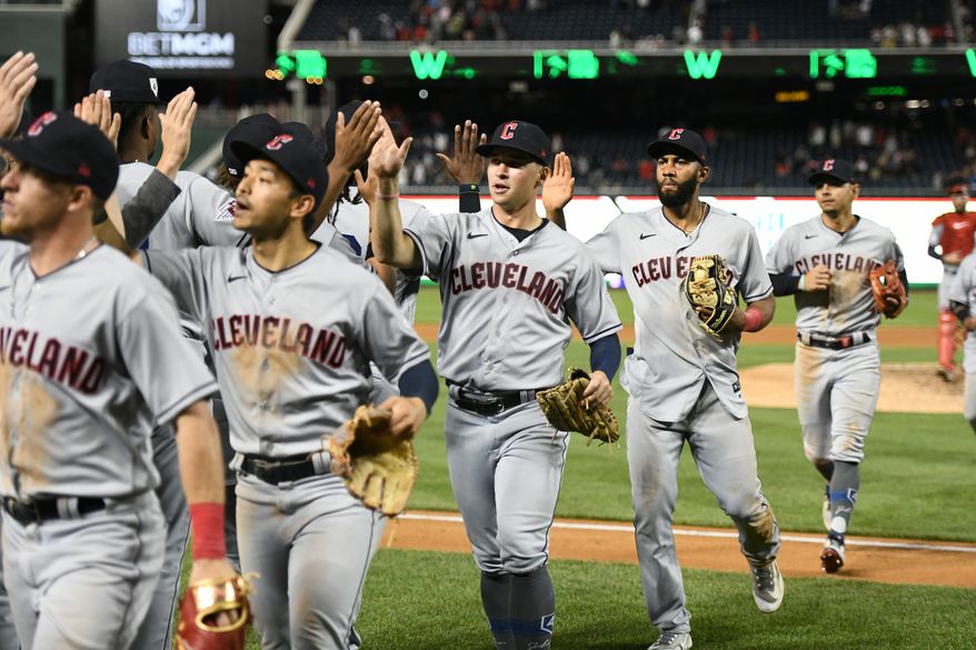 Cleveland Indians players following their 6-4 win over the Washington Nationals at Nationals Park in Washington D.C., April 14, 2023. (Photo by Billy Sabatini/All-Pro Reels)