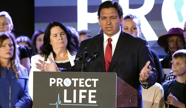 Florida Gov. Ron DeSantis speaks to supporters before signing a 15-week abortion ban into law Thursday, April 14, 2022, in Kissimmee, Fla. DeSantis signed into law one of the nation&#x27;s toughest abortion bans late Thursday, April 11, 2023. If the courts ultimately allow the new measure to take effect, it will soon be illegal for Florida women to obtain an abortion after six weeks of pregnancy, which is before most realize they&#x27;re pregnant. (AP Photo/John Raoux, File)