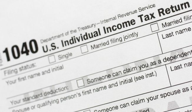 A portion of the 1040 U.S. Individual Income Tax Return form is shown July 24, 2018, in New York. The IRS has been tasked with looking into how to create a government-operated electronic free-file tax return system for all. Congress has directed the IRS to report in on how such a system might work. (AP Photo/Mark Lennihan, File)