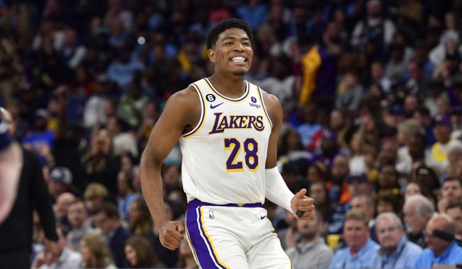 Los Angeles Lakers forward Rui Hachimura (28) reacts during Game 1 of a first-round NBA basketball playoff series against the Memphis Grizzlies, Sunday, April 16, 2023, in Memphis, Tenn. (AP Photo/Brandon Dill) **FILE**