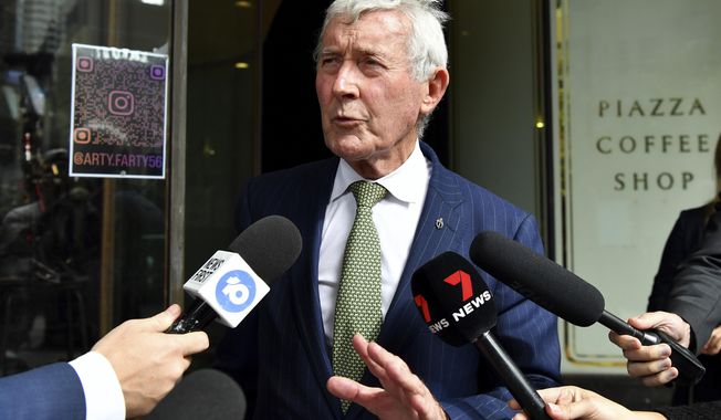 Bernard Collaery, lawyer for Alexander Csergo, speaks to media outside the Downing Centre Local Court in Sydney, Monday, April 17, 2023. Csergo was refused bail when he appeared from prison by video link charged with one count of reckless foreign interference. (Bianca De Marchi/AAP Image via AP)