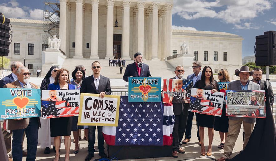 New Mexico elected officials and pro-life advocates held a press conference April 17, 2023, in front of the U.S. Supreme Court to announce a lawsuit against a state law banning &quot;sanctuary city for the unborn&quot; ordinances. (Photo by Mark Story, courtesy Mark Lee Dickson)