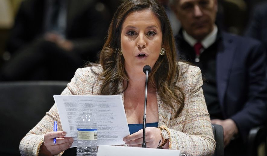 Elise Stefanik, R-N.Y., speaks during a House Judiciary Committee Field Hearing, Monday, April 17, 2023, in New York. Republicans upset with former President Donald Trump&#x27;s indictment are escalating their war on Manhattan District Attorney Alvin Bragg who charged him, trying to embarrass him on his home turf. (AP Photo/John Minchillo)