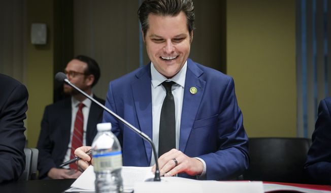 Rep. Matt Gaetz, R-Fla., smiles before a House Judiciary Committee Field Hearing is gaveled in, Monday, April 17, 2023, in New York. Republicans upset with former President Donald Trump&#x27;s indictment are escalating their war on Manhattan District Attorney Alvin Bragg who charged him, trying to embarrass him on his home turf. (AP Photo/John Minchillo)