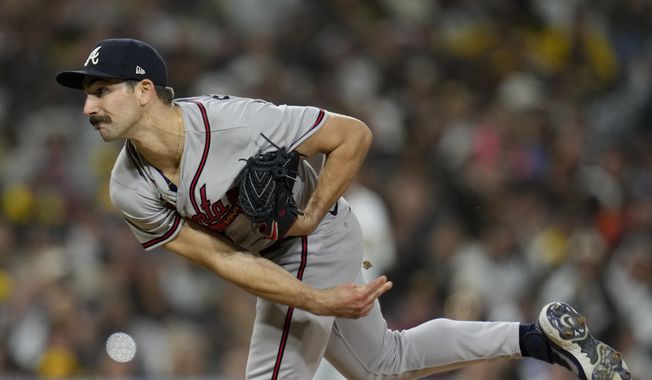 Atlanta Braves starting pitcher Spencer Strider works against a San Diego Padres batter during the sixth inning of a baseball game Tuesday, April 18, 2023, in San Diego. (AP Photo/Gregory Bull)