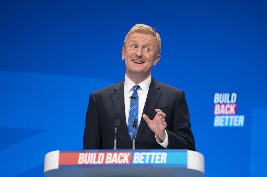 Oliver Dowden speaks at the Conservative Party Conference in Manchester, England, on Oct. 3, 2021. U.K. officials say Russian hackers are seeking to “disrupt or destroy” Britain’s critical infrastructure and not enough is being done to stop them. Britain’s National Cybersecurity Center has issued an official threat notice to operators of Britain’s electricity, water and other critical systems, telling them to boost their defenses. Cabinet Minister Oliver Dowden said the threat comes from hackers sympathetic to Russia though not necessarily directed by the Russian state. (AP Photo/Jon Super) **FILE**
