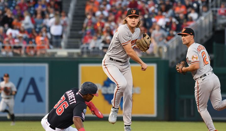 Baltimore Orioles shortstop Gunnar Henderson (2) making a throw to first to complete a double play during the second inning of an MLB game against the Baltimore Orioles at Nationals Park in Washington D.C., April 19, 2023. (Photo by Billy Sabatini/All-Pro Reels)