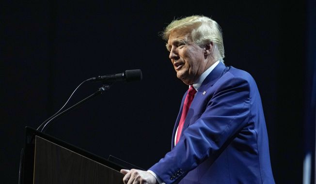 Former President Donald Trump speaks at the National Rifle Association Convention in Indianapolis, Friday, April 14, 2023. Ron DeSantis has yet to enter the 2024 presidential race, but Trump is aiming to drum up support in the Florida governor&#x27;s backyard, securing endorsements already from about one-third of the Republicans in the state&#x27;s congressional delegation. (AP Photo/Michael Conroy, File)
