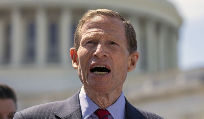 Sen. Richard Blumenthal, D-Conn., speaks with reporters about reproductive rights for U.S. veterans, on Capitol Hill, Wednesday, April 19, 2023, in Washington. (AP Photo/Alex Brandon)