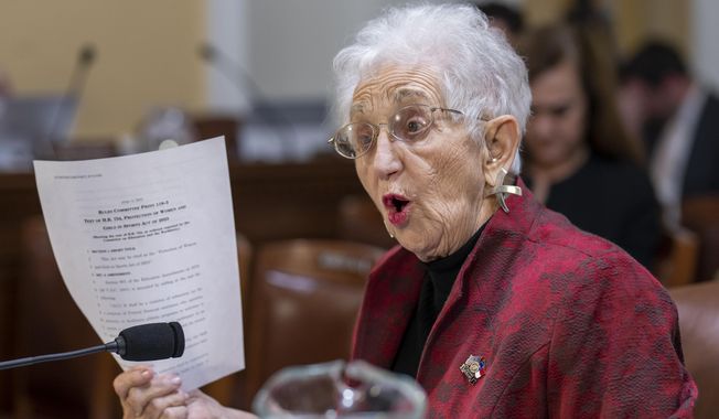 Rep. Virginia Foxx, R-N.C., chair of the House Education and the Workforce Committee, holds up a copy of Republican legislation that would prohibit transgender women and girls from playing on sports teams that match their gender identity, as the House Rules Committee prepares the bill for a floor vote, at the Capitol in Washington, Monday, April 17, 2023. The Protection of Women and Girls in Sports Act of 2023 would amend Title IX, the federal education law that bars sex-based discrimination, to define sex as based solely on a person&#x27;s reproductive biology and genetics at birth. (AP Photo/J. Scott Applewhite) **FILE**
