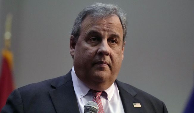 Former New Jersey Gov. Chris Christie addresses a gathering during a town hall style meeting at New England College, Thursday, April 20, 2023, in Henniker, N.H. (AP Photo/Charles Krupa) ** FILE **