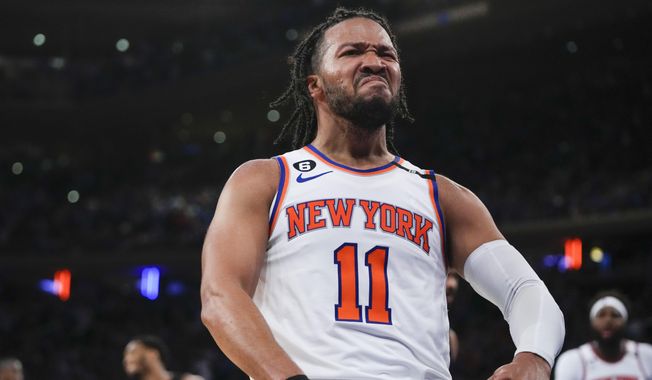 New York Knicks&#x27; Jalen Brunson celebrates after scoring against the Cleveland Cavaliers during the second half of Game 3 in an NBA basketball first-round playoff series Friday, April 21, 2023, in New York. The Knicks won 99-79. (AP Photo/Frank Franklin II)
