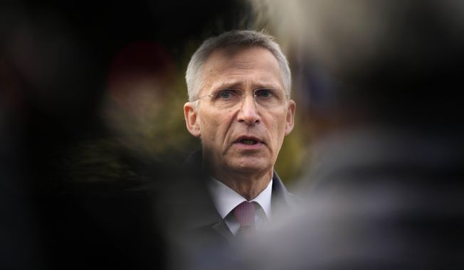 NATO Secretary General Jens Stoltenberg, left, arrives for a press statement prior to the meeting of the &#x27;Ukraine Defense Contact Group&#x27; at Ramstein Air Base in Ramstein, Germany, Friday, April 21, 2023. (AP Photo/Matthias Schrader)