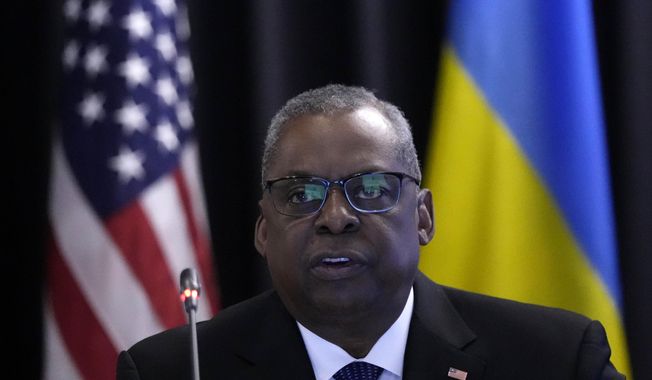 US Defense Secretary Lloyd Austin delivers his speech during the opening of the meeting of the &#x27;Ukraine Defense Contact Group&#x27; at Ramstein Air Base in Ramstein, Germany, Friday, April 21, 2023. (AP Photo/Matthias Schrader)