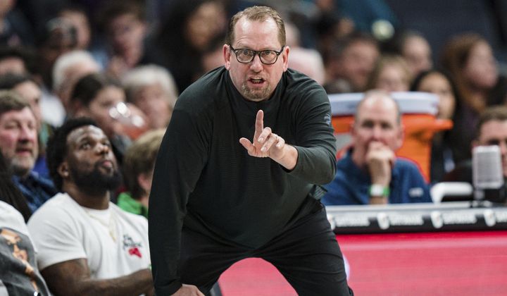 Toronto Raptors coach Nick Nurse gestures during the first half of the team&#x27;s NBA basketball game against the Charlotte Hornets in Charlotte, N.C., Tuesday, April 4, 2023. (AP Photo/Jacob Kupferman)