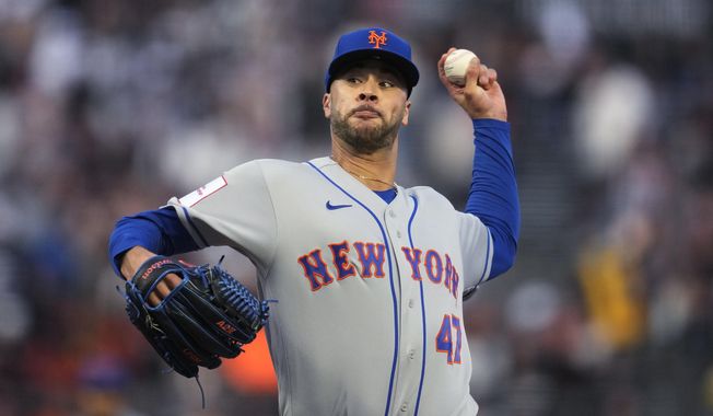 New York Mets pitcher Joey Lucchesi works against the San Francisco Giants during the first inning of a baseball game in San Francisco, Friday, April 21, 2023. (AP Photo/Jeff Chiu)