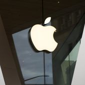 An Apple logo adorns the facade of the downtown Brooklyn Apple store on March 14, 2020, in New York. (AP Photo/Kathy Willens, File)