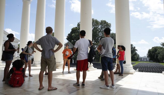 In this Aug. 18, 2017 file photo, first year students tour the University of Virginia in Charlottesville, Va. (AP Photo/Jacquelyn Martin)